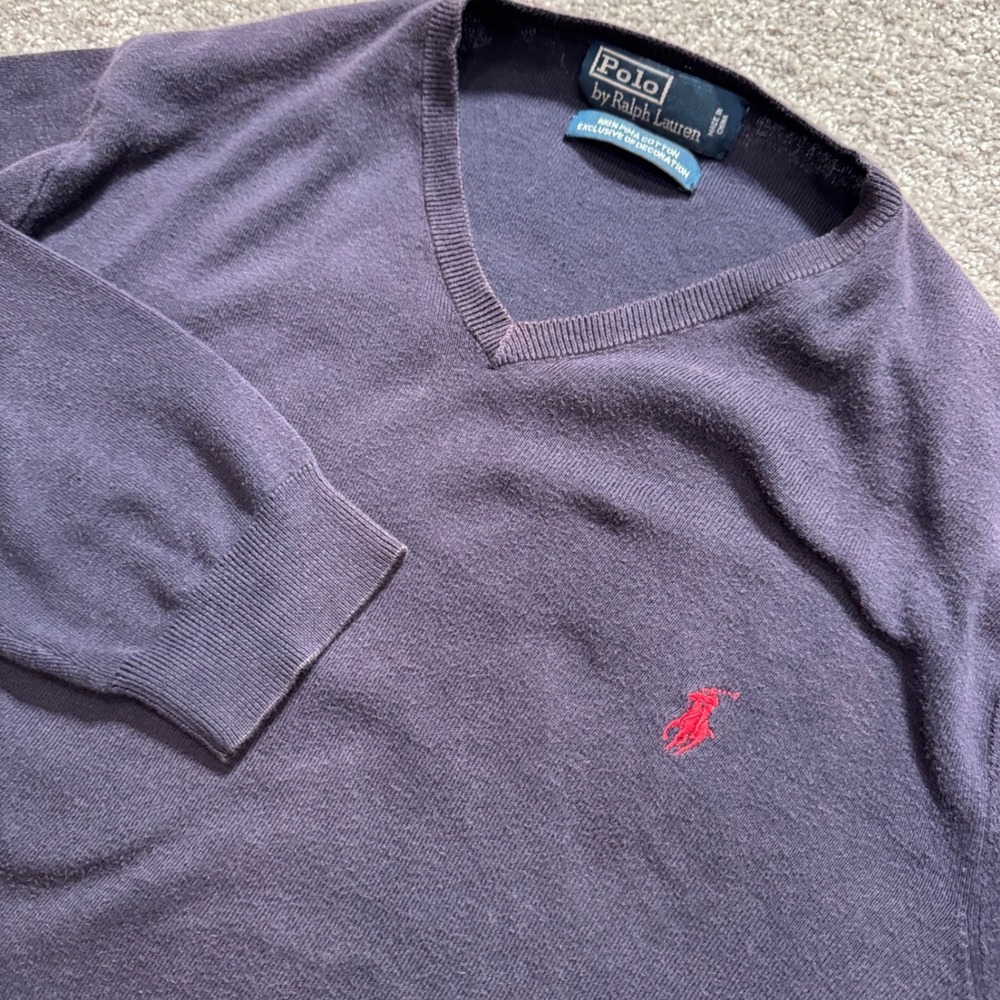 Vintage Polo Ralph Lauren Sweater Mens M Blue Pima Cotton V Neck Classic Preppy